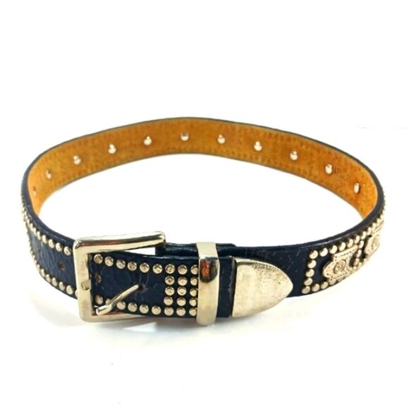 Studded Black Leather Belt with Silver Buckle Moto Bikercore Grunge S/M........ - Picture 1 of 15